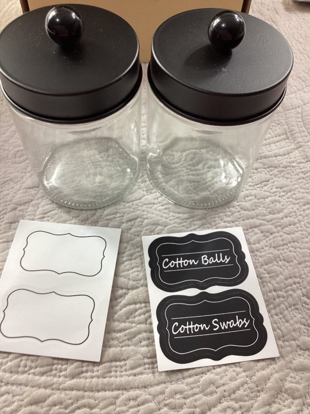 Amolliar Apothecary Glass Jar Set of 2* Lids*Labels For Cotton Balls & Swabs*NIB